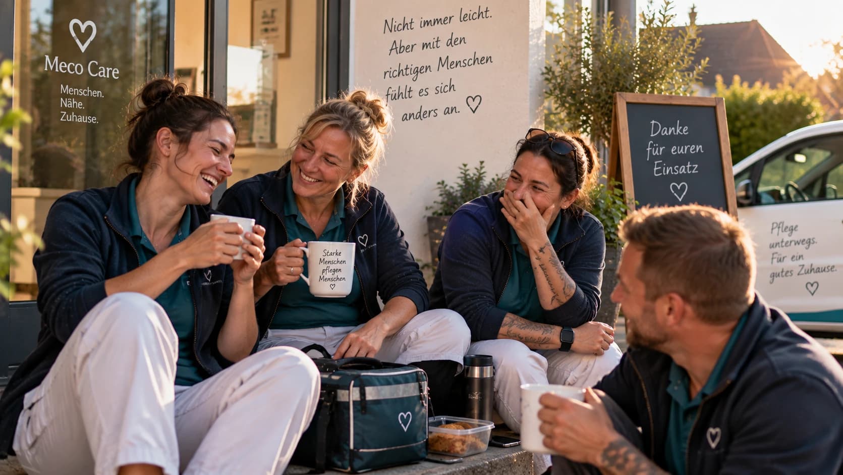 Ein Team macht gemeinsam Pause vor dem Dienstwagen, mit Kaffee und echtem Lachen.