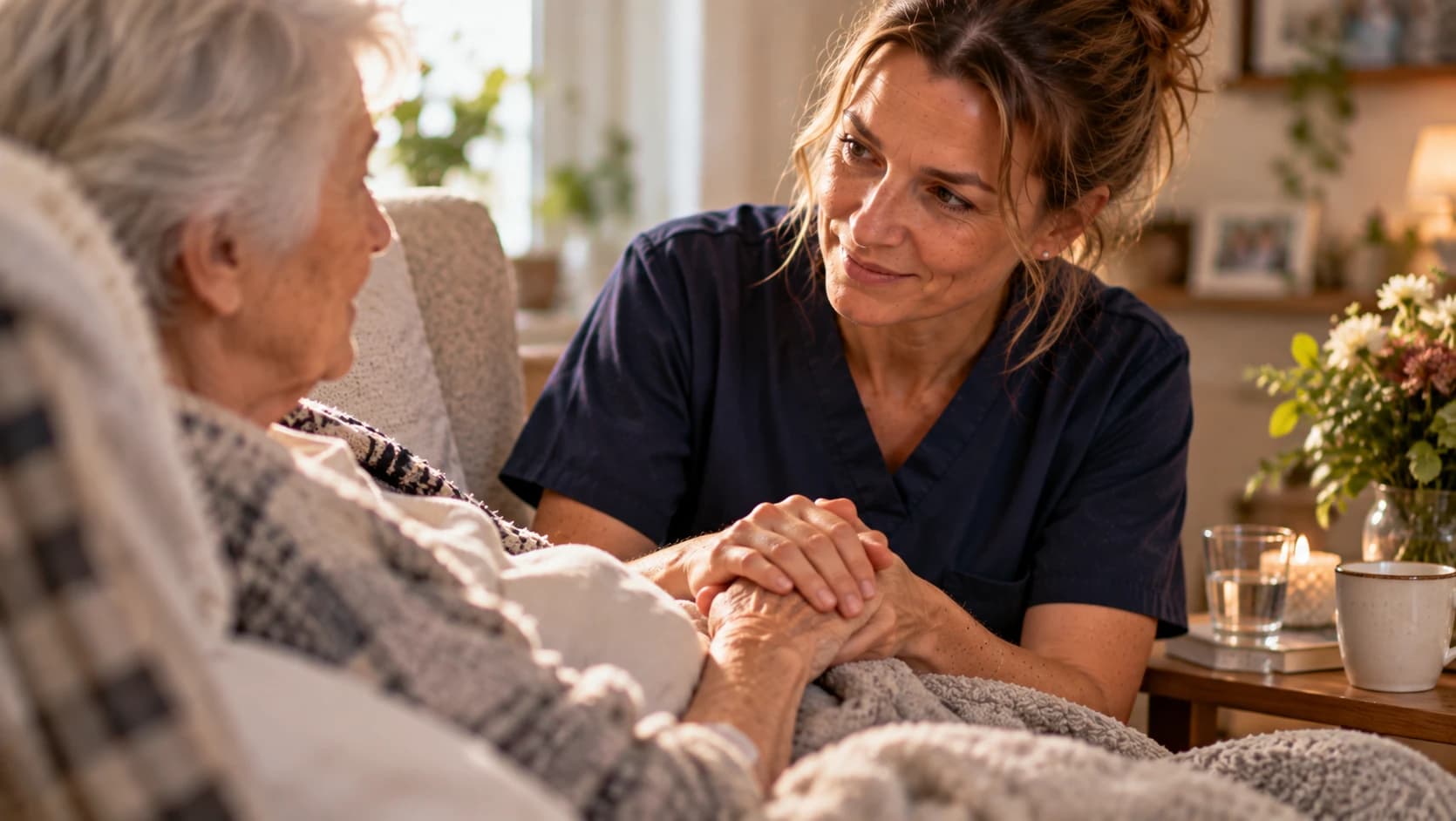Pflegefachkraft hält die Hand einer Patientin im ruhigen Gespräch.