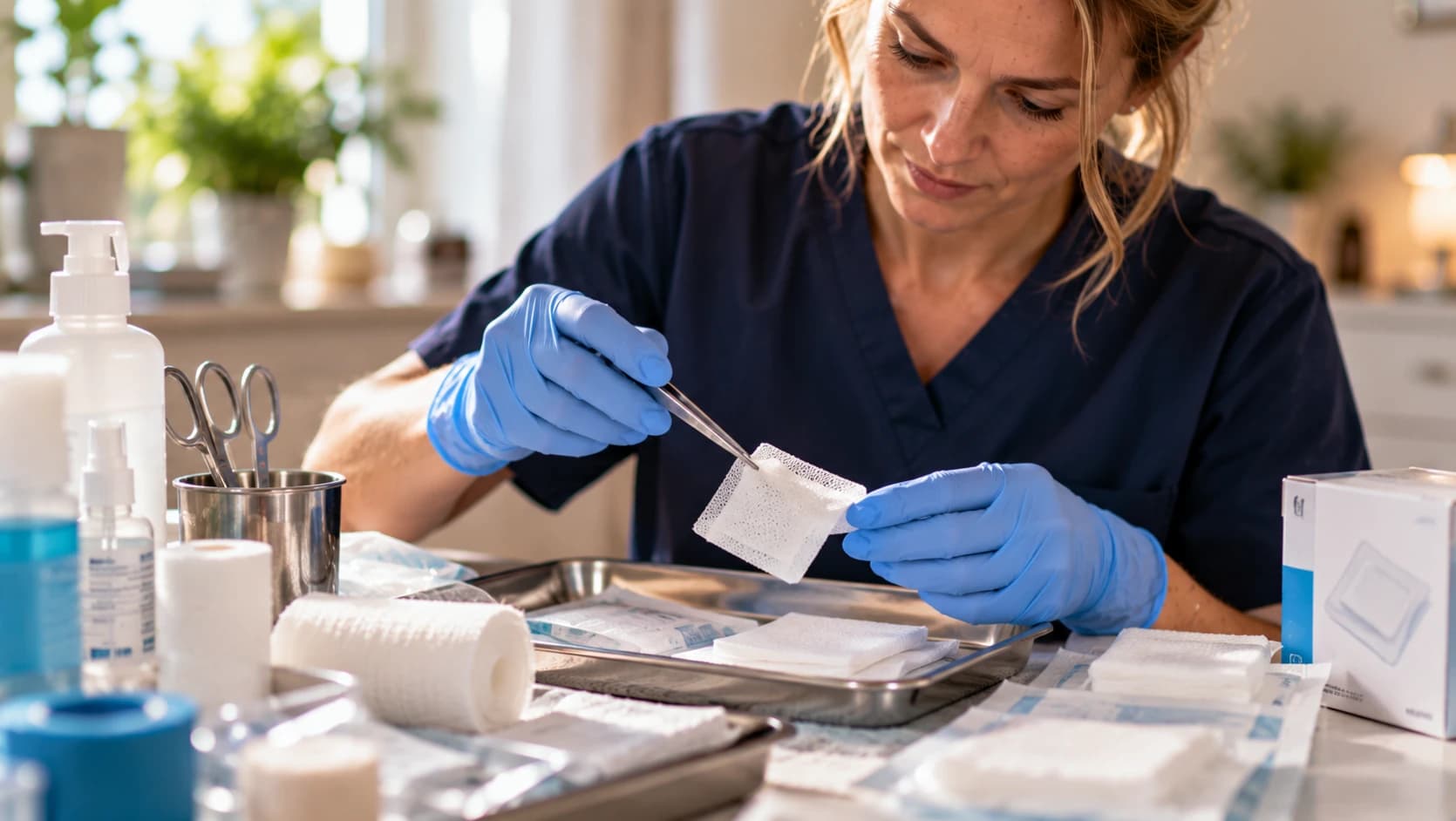 Pflegefachkraft bereitet steriles Material für eine Wundversorgung vor.