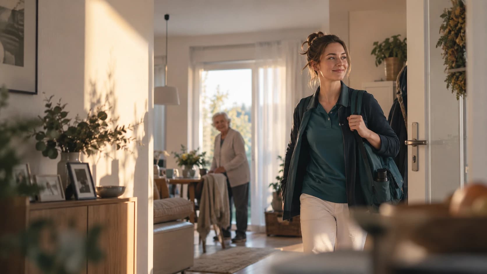 Eine Pflegekraft betritt am frühen Morgen eine helle Wohnung, im Hintergrund eine ältere Person am Fenster.