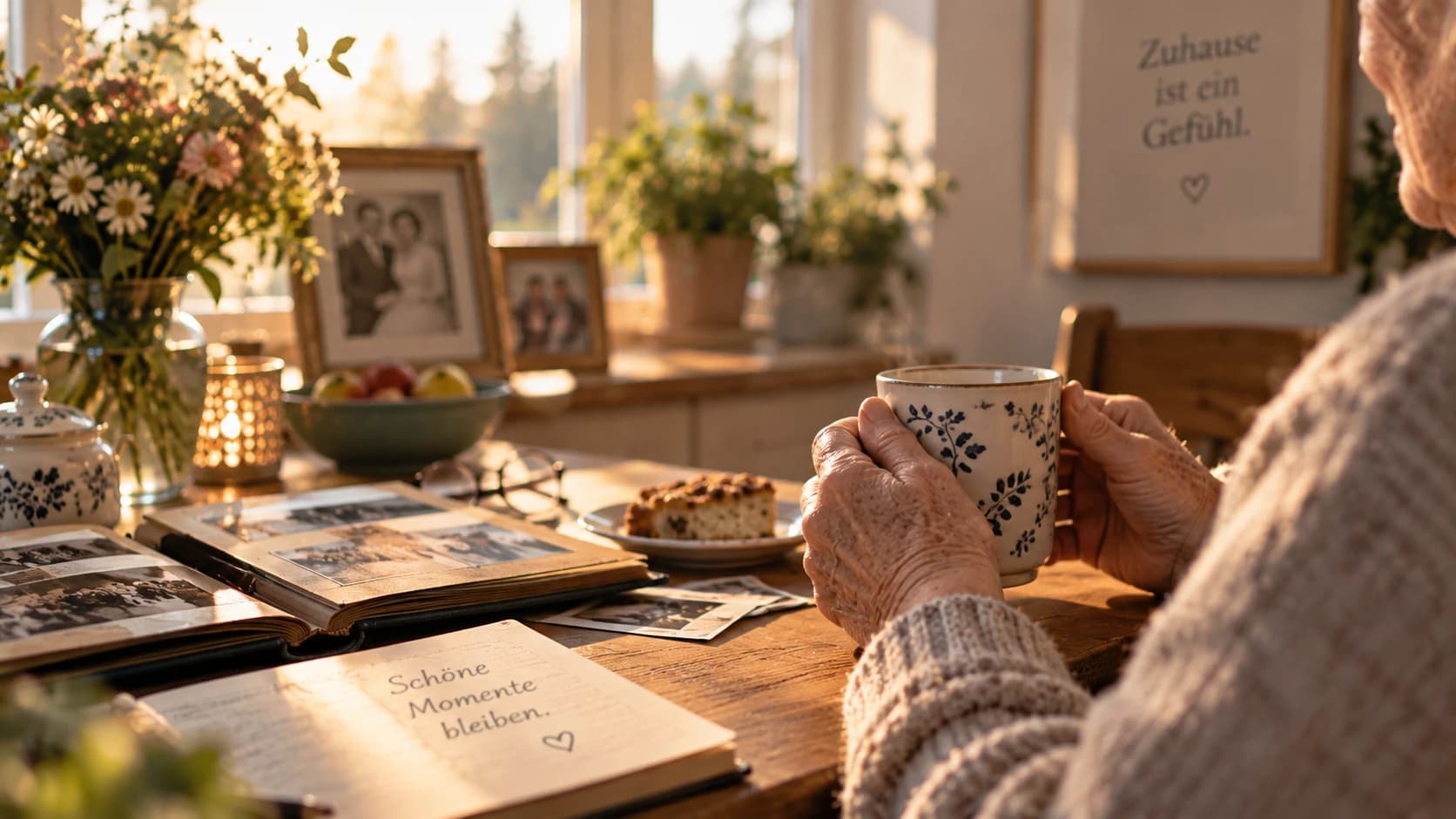 Ein Fotoalbum, frische Blumen und eine Tasse Tee auf einem alten Holztisch — ein ruhiger Nachmittag zuhause.
