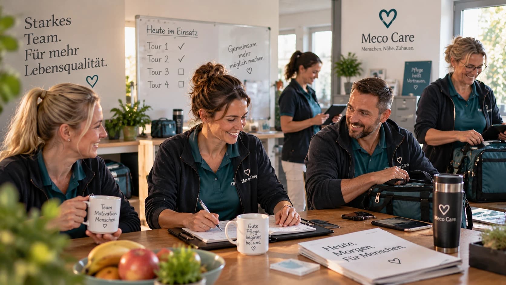 Ein Team in Pflegekleidung bespricht lachend die Tagesplanung an einem Tisch — Kampagnenmotiv, keine dokumentarische Aufnahme des realen Meco-Teams.